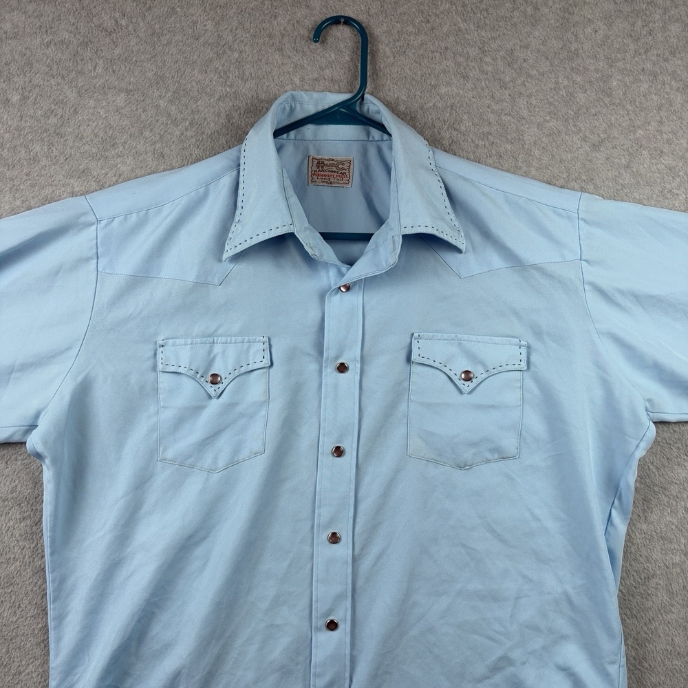Vintage H Bar C Shirt Mens XL Blue Pearl Snap Western Ranchwear 70s USA Made - Picture 2 of 9